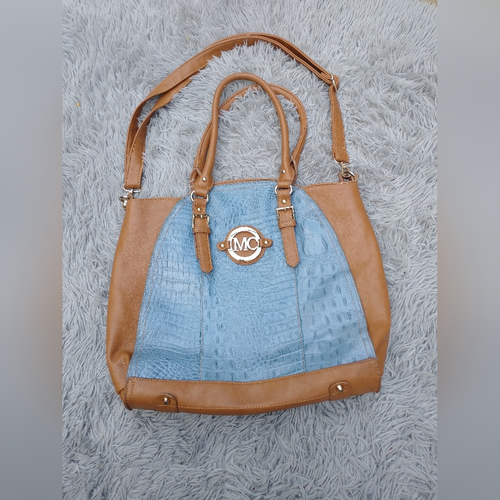 Madi Claire Blue and Brown Leather Tote Bag With Crossbody Strap